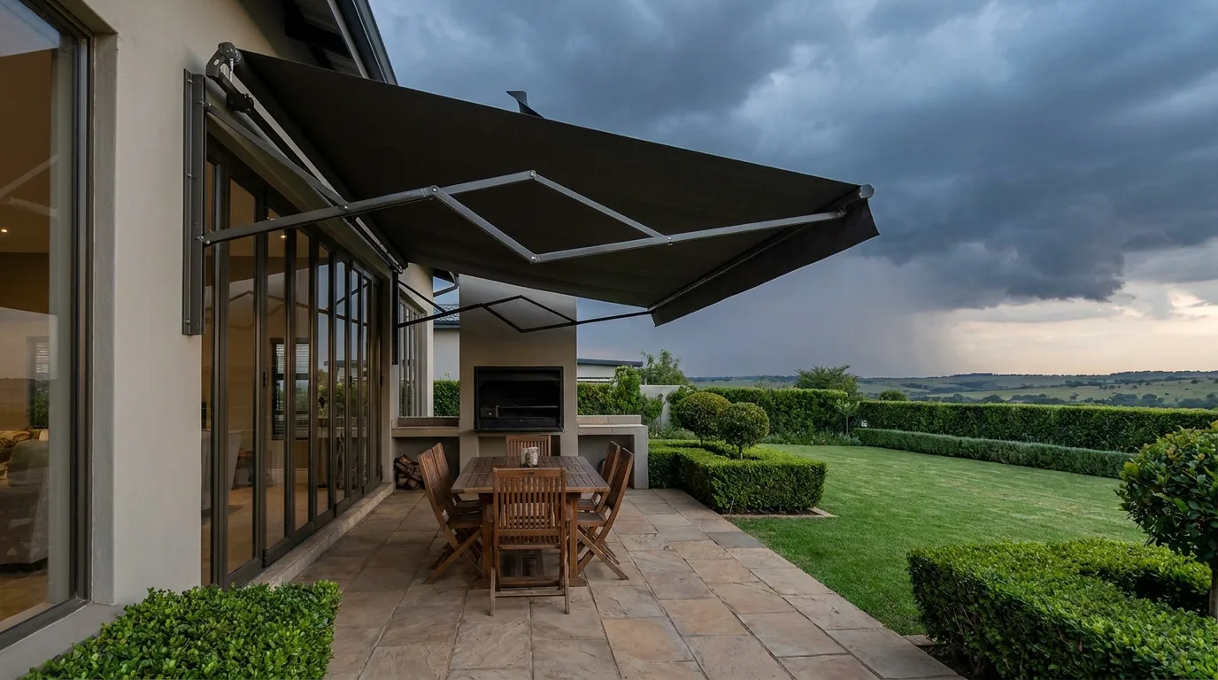 A folding-arm awning fully extended on its articulated arms over a paved braai patio beside the glazed rear wall of a Raslouw estate home, an outdoor dining table beneath it, clipped hedges and a manicured lawn, and a dark Highveld thunderstorm building on the horizon in the late afternoon