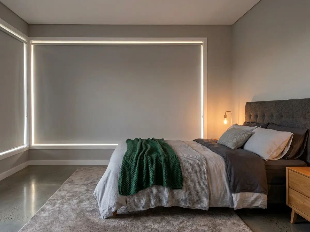 Blockout roller blind with concealed LED cove lighting in a Raslouw new-build main bedroom