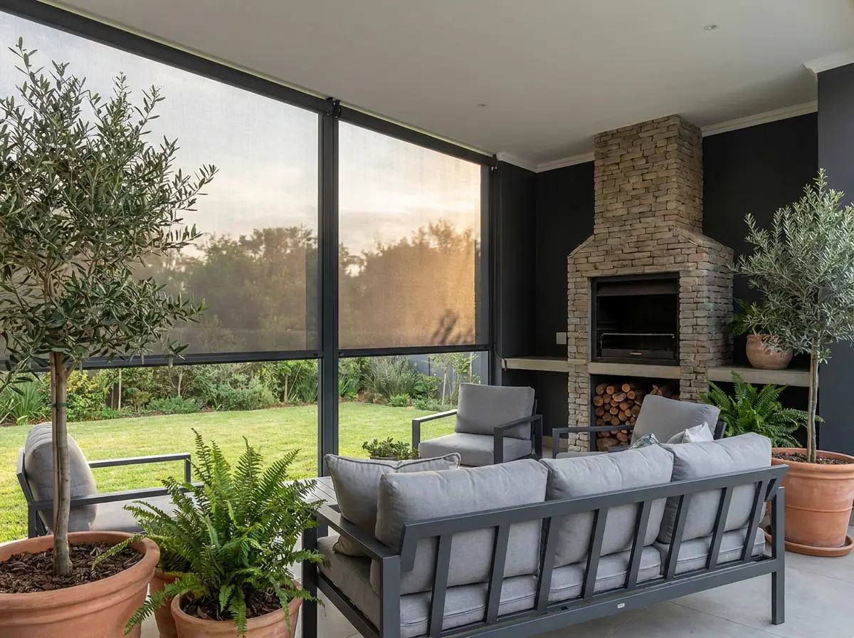 Zip screens lowered on a covered patio beside a built-in braai in a Raslouw estate garden